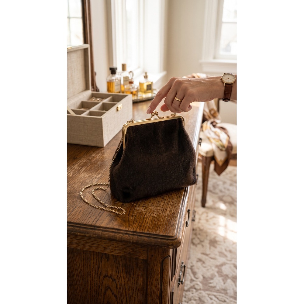 360 Dark Brown Calf Hair Kiss Lock Evening Bag Clutch Chain Strap Mobwife